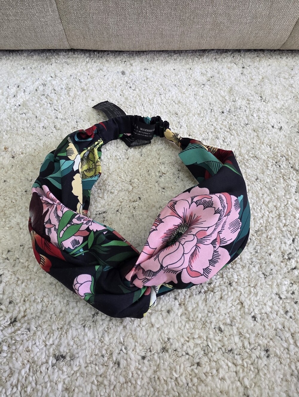 Zara Black Floral Twist Headband with Pink & Green Accents